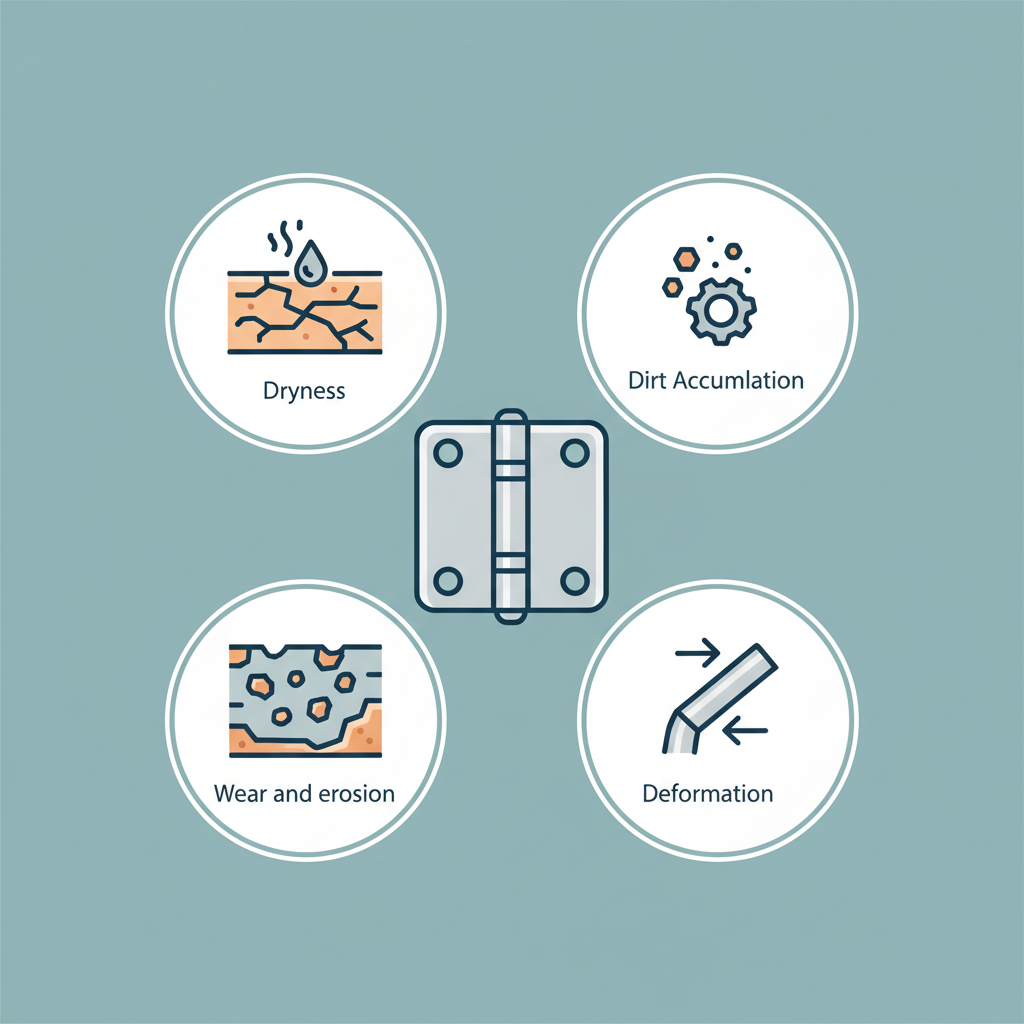 An infographic-style illustration with a central, stylized depiction of a generic door hinge. Surrounding this central hinge are four distinct, small iconographic elements, each representing a common cause of squeaking. One icon shows a dry, cracked surface or a drop evaporating (for dryness), another shows dust and grime particles accumulating (for dirt), a third depicts an eroded or worn metal surface (for wear), and the fourth illustrates a slightly bent or misaligned component (for deformation). Use a clean, modern aesthetic with clear, distinct visual metaphors.