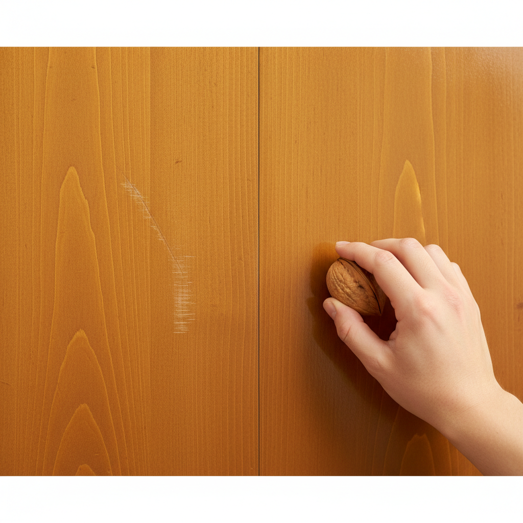 A close-up, professional photo of a warm-toned wooden door panel. The image is split subtly into two vertical halves. The left half shows a visible, but superficial scratch on the wood grain. On the right half, the same area appears flawless and polished, with the scratch completely gone. A hand gently rubs a whole walnut over the repaired area on the right, suggesting the repair process. The focus is on the contrast between the damaged and restored surface, emphasizing natural wood textures and light. The lighting is soft, highlighting the smooth finish.