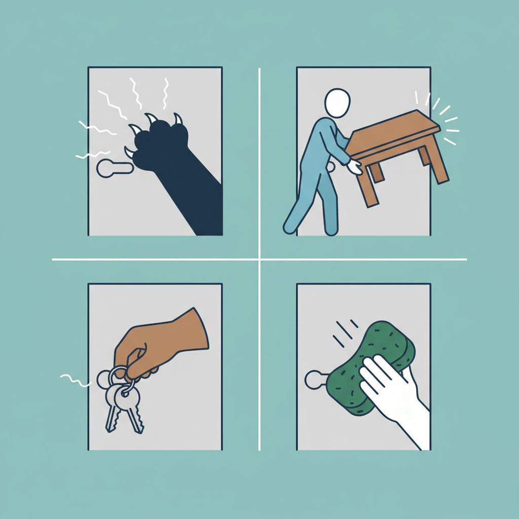 A vibrant, flat illustration depicting multiple common causes of door panel scratches. The image is divided into four distinct, clear quadrants. Top-left shows a simplified silhouette of a cat's paw with extended claws near a door panel. Top-right shows a simplified human figure moving a large, boxy piece of furniture (like a table edge) that is about to scrape against a door. Bottom-left illustrates a hand holding a set of keys, with one key slightly brushing the surface of a door. Bottom-right shows an abrasive cleaning sponge or rough brush making contact with a door surface, indicated by subtle lines. The overall style is clean and informative.