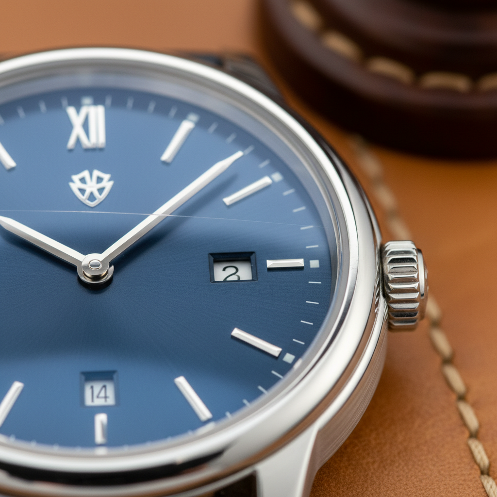 A high-magnification professional photograph of an elegant wristwatch, focusing tightly on its watch face. A distinct, thin scratch runs across the crystal, catching the light and slightly obscuring the dial underneath, clearly conveying the problem. The surrounding watch bezel and hands should be in sharp focus, emphasizing the detail and quality of the watch, contrasting with the visible imperfection. The background is a shallow depth of field, softly blurred, suggesting a refined setting like a leather desk or a watch display stand. The overall lighting is soft and even, highlighting the texture of the watch components.