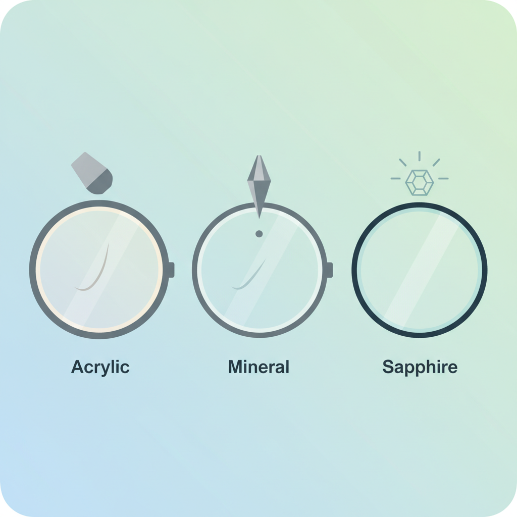 An infographic-style illustration showcasing three distinct watch faces arranged side-by-side, each representing a different type of watch glass: Acrylic, Mineral, and Sapphire. Each watch face has a subtle visual queue indicating its material (e.g., a slightly softer edge for Acrylic, a clearer, harder look for Sapphire). Above or next to each, a simple, abstract visual demonstrates its scratch resistance: for Acrylic, a faint, visible scratch mark; for Mineral, a less prominent, slightly deeper scratch mark; and for Sapphire, a gleaming, untouched surface with a very hard, abstract object (like a tiny, stylized crystal) brushing against it without effect. The style should be clean, modern, and utilize flat design principles with a harmonious color palette.