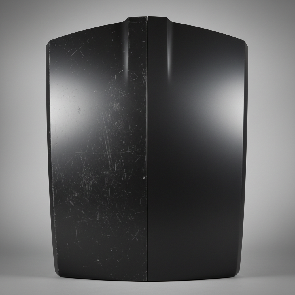 A close-up, professional studio photo of an unpainted car bumper made of textured plastic. The image is split conceptually into two halves: the left side shows various common minor scratches, scuffs, and light abrasions on the bumper's surface, appearing dull and damaged. The right side of the bumper is visibly clean, smooth, and restored to a pristine, uniform matte black or dark grey finish, illustrating a successful repair. The lighting emphasizes the texture and the contrast between the damaged and restored areas.