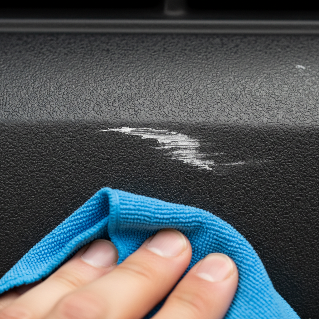 A detailed macro photograph focusing on the textured surface of an unpainted plastic car bumper. A distinct, shallow scratch or white scuff mark is clearly visible on the dark, rugged plastic. In the foreground, a human hand, out of focus, gently holds a clean microfiber cloth near the scratch, suggesting the beginning of a cleaning or repair process. The image should convey the tactile nature of the bumper and the specific visual characteristic of a scratch on unpainted material.