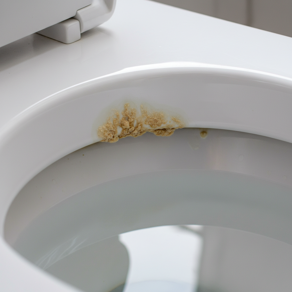 A close-up, eye-level professional photo of the inside of a toilet bowl, specifically focusing on the rim and just below the waterline. Clearly depict visible, stubborn yellowish-brown urine scale deposits clinging to the pristine white ceramic surface. The lighting should emphasize the texture and color of the buildup, highlighting the unsightly, crusty problem without making the image look dirty overall. The scene conveys a common household issue requiring attention.