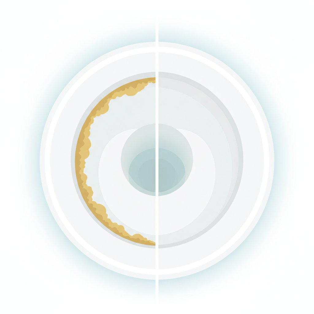 A clean, modern flat illustration depicting a split image of a toilet bowl rim. The left side shows a 'before' scenario: the white ceramic rim is marred by prominent, rough, yellow-brown urine scale deposits at and below the water line. The right side shows an 'after' scenario: the identical toilet rim is perfectly clean, sparkling, and free of any discoloration or buildup. A subtle glow or sense of freshness should emanate from the cleaned side, creating a clear visual contrast of transformation and hygiene.