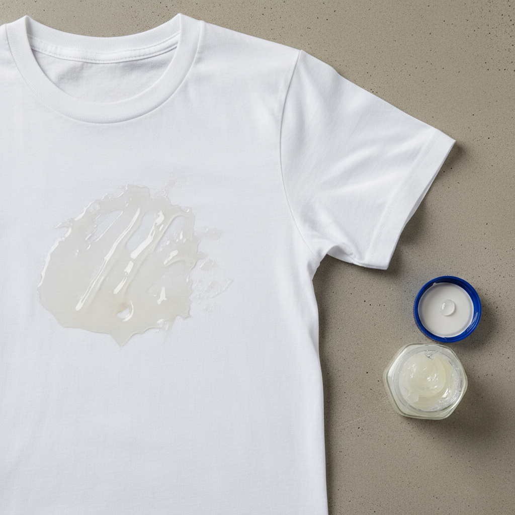 A professional overhead photo of a white shirt with a visible, glistening Vaseline stain on it, next to a small, open jar of Vaseline. The lighting should emphasize the texture and shine of the stain on the fabric.
