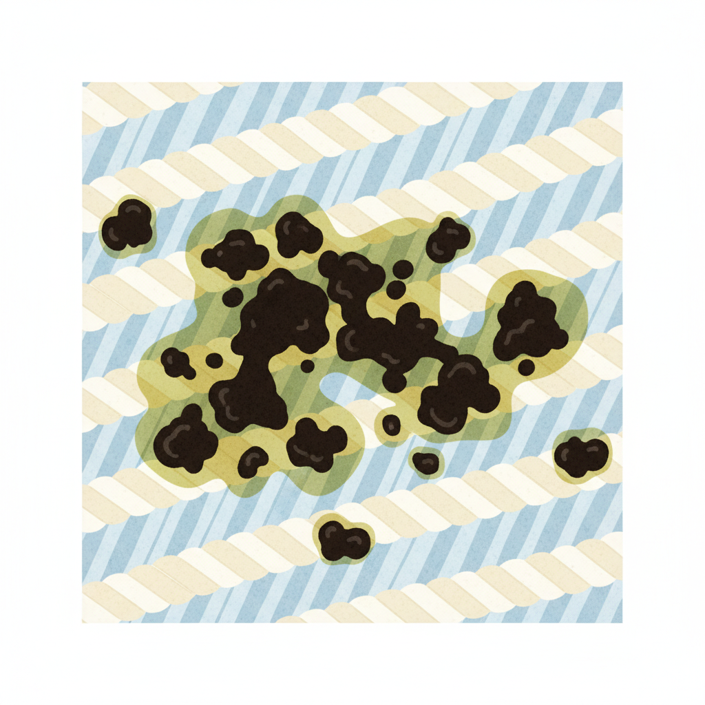 A flat illustration depicting the chemistry of Vaseline causing a stain. Show a magnified cross-section of fabric fibers with small, dark oil molecules (representing Vaseline) deeply embedded within them. Use a color palette that clearly distinguishes the fibers from the oil.