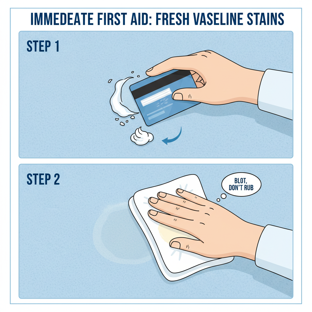 A clear, step-by-step infographic-style illustration demonstrating the immediate first aid for a fresh Vaseline stain. The first panel shows a hand using a credit card to gently scrape excess Vaseline off a fabric surface, and the second panel shows a hand pressing a paper towel onto the remaining stain.