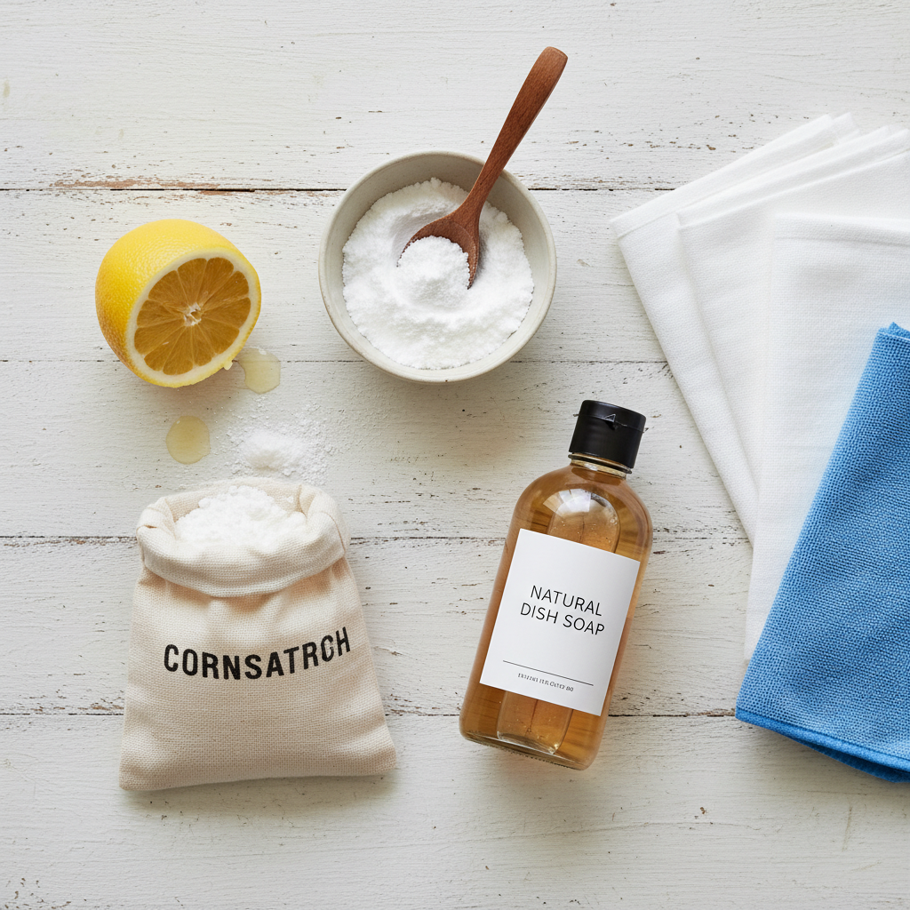 An aesthetic, clean photograph of various common household items used for stain removal, such as a lemon, baking soda, a bottle of dish soap, cornstarch, and several clean cloths, arranged neatly on a light, neutral background.