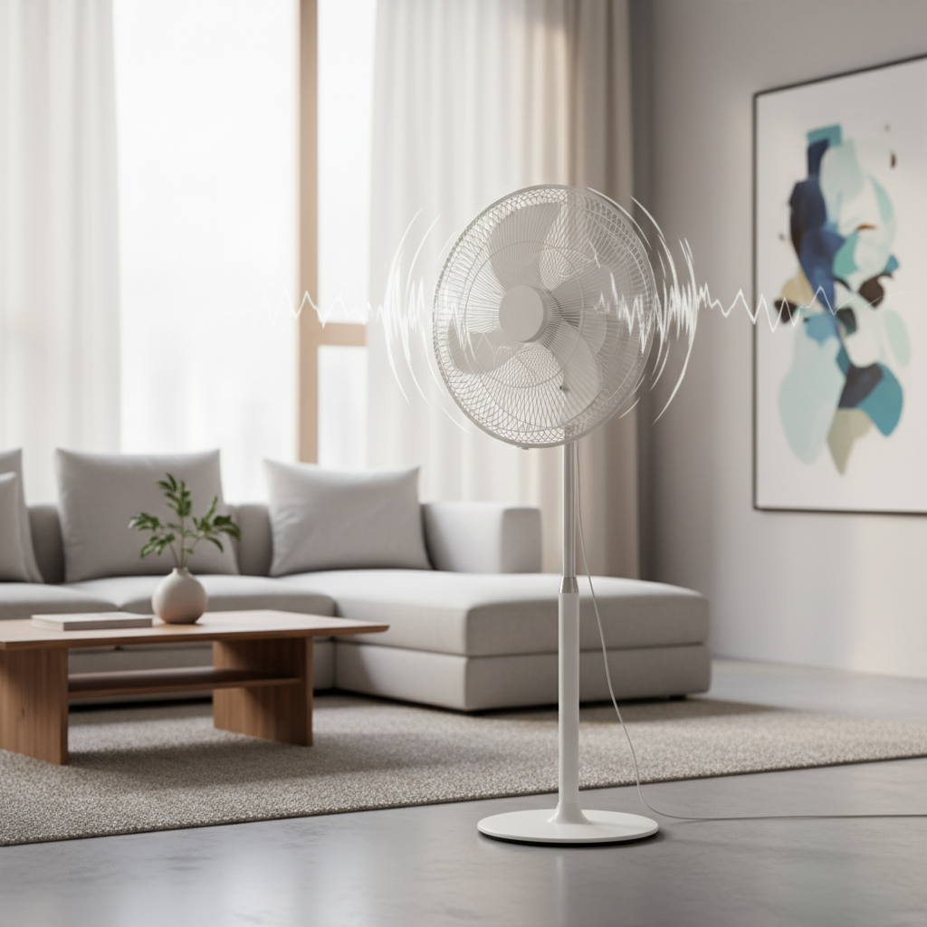 A modern, sleek stand fan is operating in a softly lit, minimalist living room, but with a subtle visual distortion or vibrating effect around its blades, indicative of a disruptive clacking sound. The atmosphere suggests a peaceful environment being disturbed by an unseen noise. The fan itself is visually appealing and clean, highlighting the unexpected nature of the malfunction. Professional photo style, with a focus on a calm indoor setting.