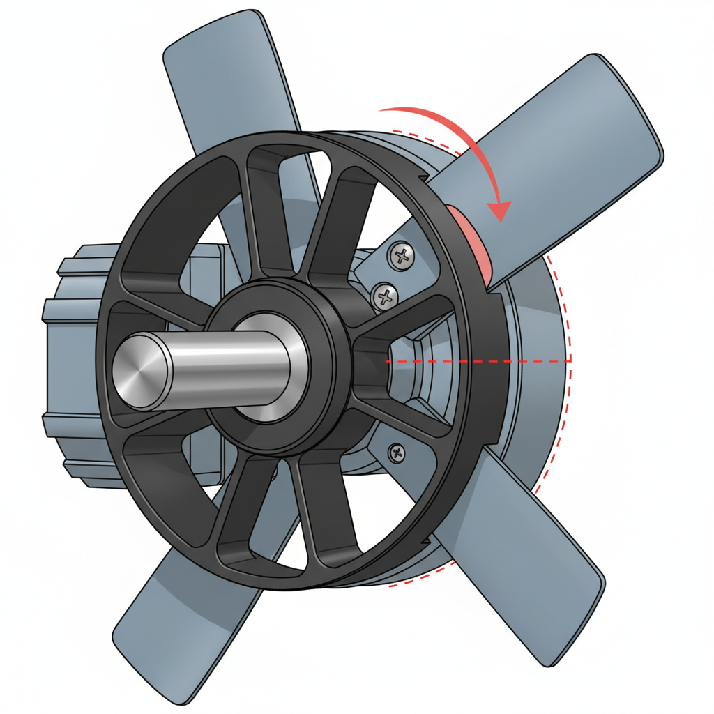 A detailed cross-section diagram of a fan's central hub, focusing on where the rotor blades attach to the motor's shaft. One specific rotor blade is depicted as slightly detached or loose from its fastening point, creating a small, visible gap that suggests it could strike against the central housing or another part during rotation. Use clean lines and a technical illustration style with a clear, isolated background.