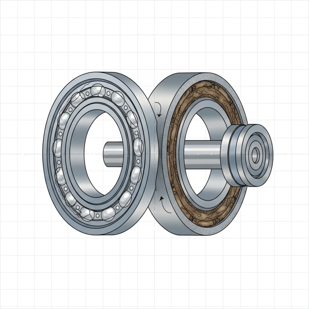 An illustrative close-up, cutaway view of a fan motor's internal bearing assembly. The depiction should clearly show the bearing components, with one bearing appearing worn: perhaps subtle cracks, discolored lubricant residue, or an uneven surface texture suggesting friction and wear. The illustration should emphasize the mechanical nature of the problem with a neutral color palette. Technical diagrammatic style.