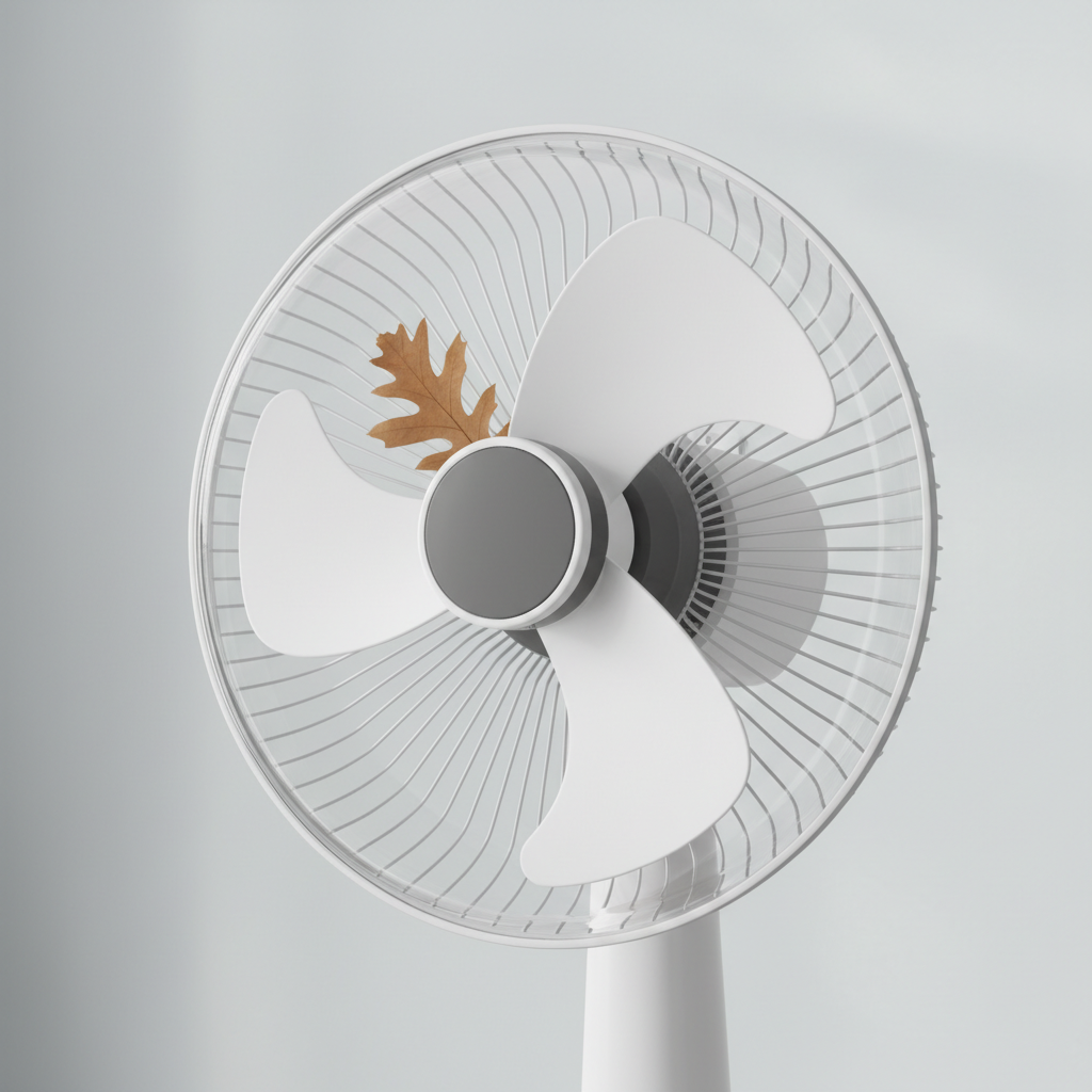 A fan with its front protective grille partially removed or transparent, allowing a clear view of the rotor blades. A small, distinct foreign object, such as a dried leaf, a twig, or a piece of plastic, is visibly lodged between one of the rotor blades and the inner casing or the motor housing, ready to be struck by the rotating blade. Clean, illustrative style with good lighting to highlight the obstruction.