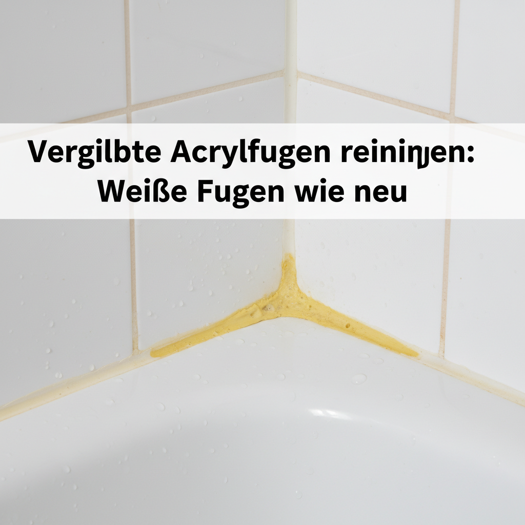 A close-up, professional photo of a bathroom corner where a white tile wall meets a bathtub. The acrylic joint between them is noticeably yellowed and discolored, starkly contrasting with the clean white tiles. Water droplets or soap residue might be subtly visible on the yellowed joint, emphasizing its unhygienic appearance. The lighting should highlight the dinginess of the grout, making the problem clear and relatable to a homeowner.