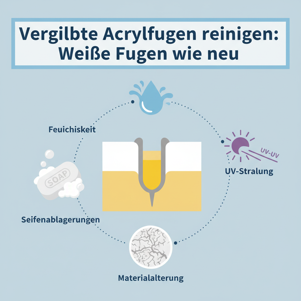 A clean, modern flat illustration in an infographic style depicting the various causes of yellowed acrylic joints. The central focus is a section of a visibly yellowed acrylic joint. Around it, smaller iconographic elements float: a bar of soap with suds representing deposits, a water droplet symbolizing moisture, a sun emitting UV rays, and a subtle faded texture representing material aging. Each icon subtly connects to the yellowed joint, explaining the causes visually.