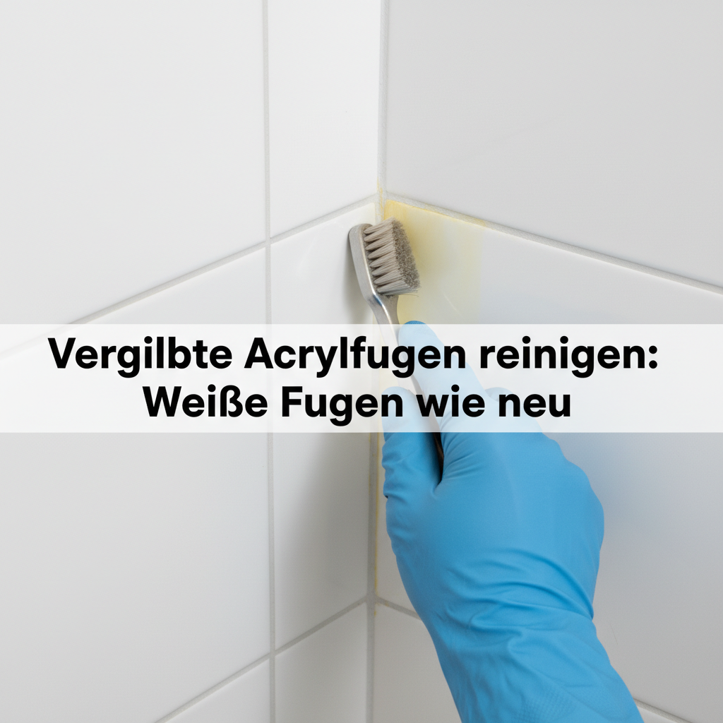 A high-quality, bright professional photo showing a human hand, protected by blue rubber gloves, actively scrubbing a yellowed acrylic joint in a bathroom. A small, stiff-bristled brush (like an old toothbrush) is being used on a section of the joint. One part of the joint is already visibly white and clean, while the adjacent part is still distinctly yellow, creating a clear 'before and after' effect in one dynamic shot. The surrounding tiles are sparkling clean.