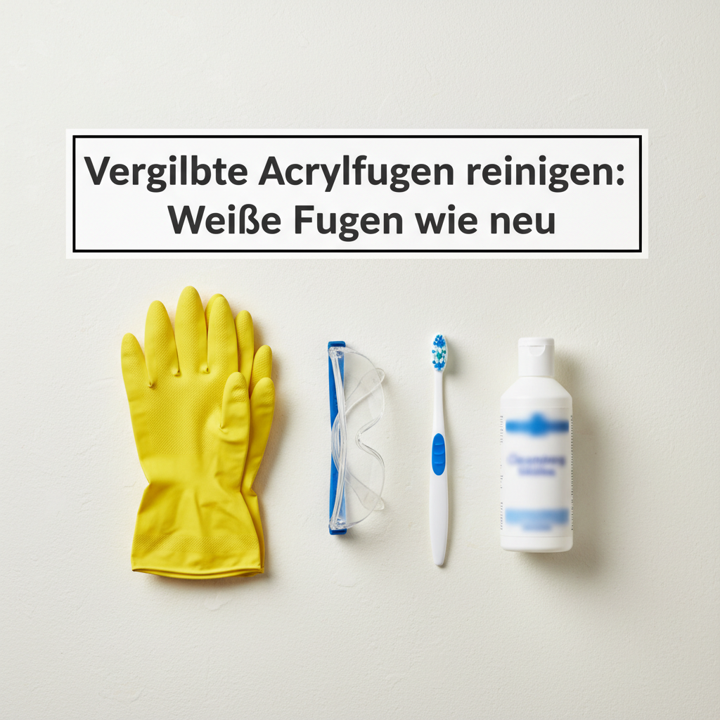 A clean, crisp flat lay photography style image showcasing the essential materials needed for cleaning acrylic joints. Arranged neatly on a light, neutral surface are a pair of protective yellow or blue rubber gloves, clear safety goggles, a soft-bristled cleaning brush (like a new toothbrush or small grout brush), and perhaps a small, generic bottle of cleaning solution (label obscured or generic). The composition should be organized and inviting, conveying preparedness.