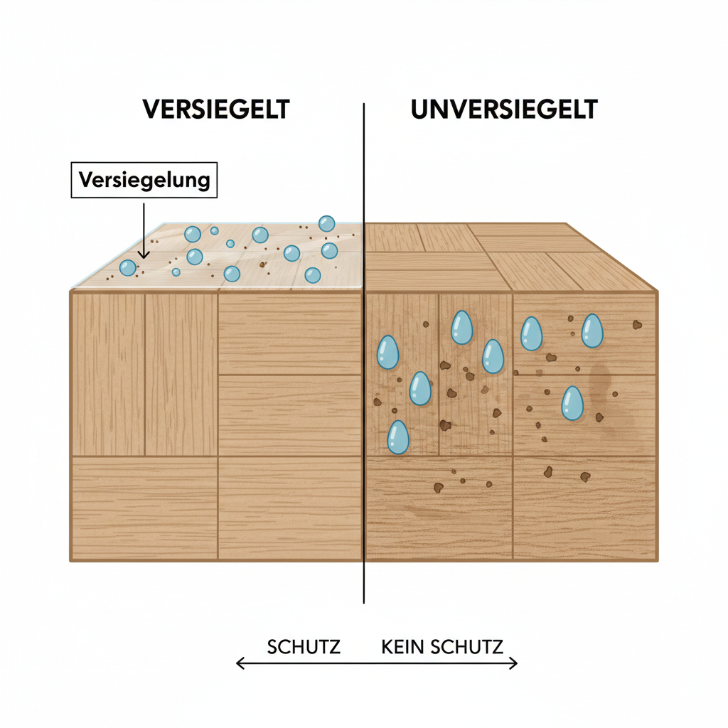 A split image or infographic showing the difference between sealed and unsealed parquet. On one side, a cross-section of sealed parquet with a clear, protective top layer (labeled 'Versiegelung') preventing water droplets and dirt particles from penetrating the wood. On the other side, an unsealed wood cross-section where water droplets and dirt are visibly absorbed into the wood fibers. Use a clean, illustrative style with clear labels in German.
