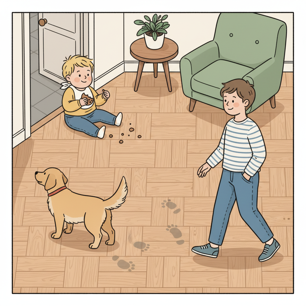 An illustration depicting common household scenarios that cause dirt on a parquet floor. Examples could include a child dropping crumbs, a dog tracking in mud (lightly, not excessively messy), or someone walking in with street shoes. The style should be friendly and slightly cartoonish, but clearly show how everyday activities can impact a floor, setting the stage for the need for cleaning. The parquet should still look relatively well-maintained.