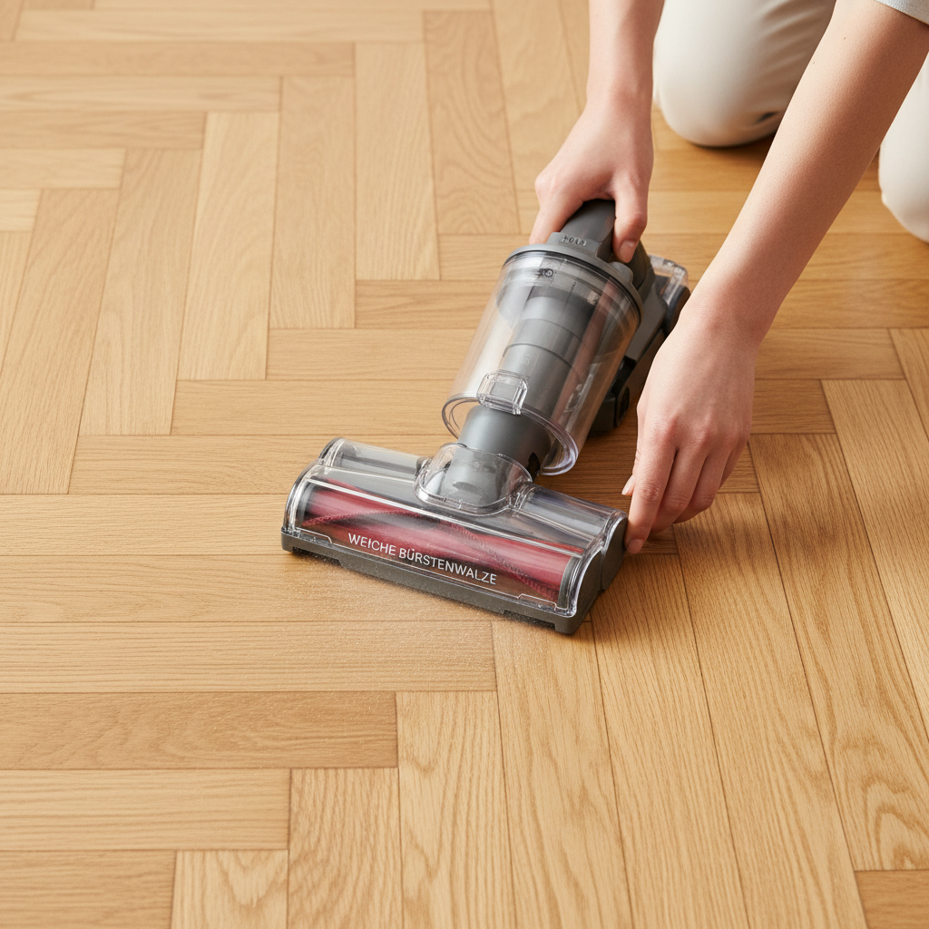 A close-up, top-down view of a person using a vacuum cleaner with a soft brush attachment on a sealed parquet floor. The vacuum head clearly shows a gentle, brush-like roller, and perhaps a small cloud of dust being collected. The focus is on the correct tool for daily cleaning, specifically highlighting the 'weiche Bürstenwalze'. The parquet is visibly clean and well-maintained. Professional, bright photography style.