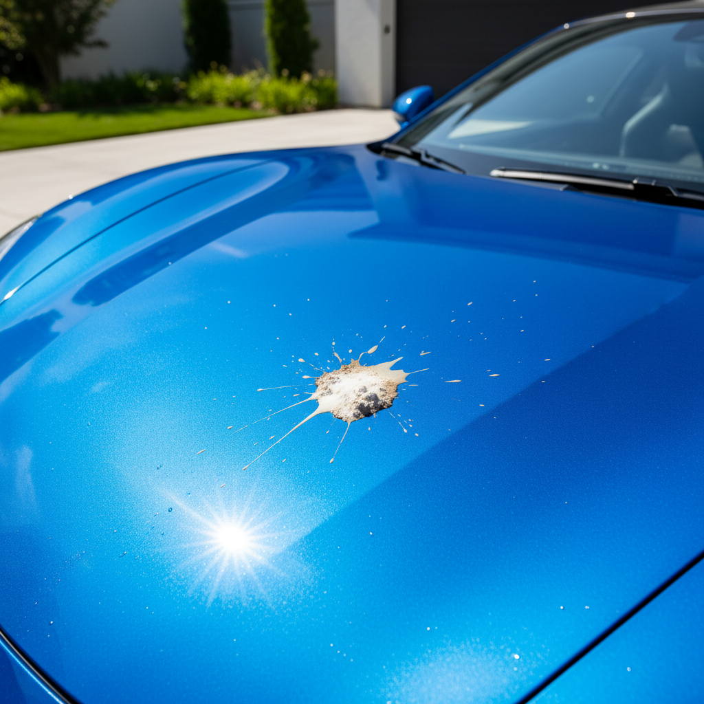 A vibrant, high-angle professional photo showing a pristine, glossy car with a single, highly visible splat of bird dropping on its hood. The sun is reflecting off the car's surface, highlighting the contrast between the clean paint and the unsightly, slightly textured bird droppings. Emphasize the 'freshly washed' look of the car to set the scene for the problem outlined in the article.