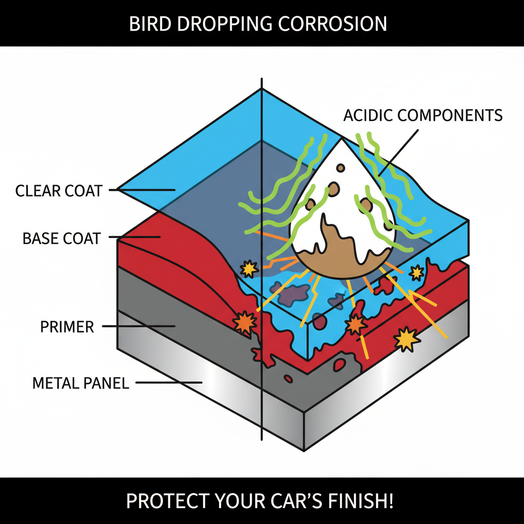 An infographic-style illustration depicting the corrosive effect of bird droppings on car paint. Show a cross-section of car paint layers (clear coat, base coat, primer, metal) on one side, and on the other, a simplified representation of bird droppings (labeled 'Acidic Components') actively 'eating away' or dissolving the clear coat layer, with small, abstract 'damage' symbols (e.g., small cracks or dissolved sections) appearing on the paint surface. Use bright, contrasting colors to illustrate the damage.