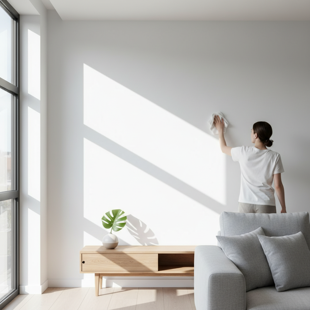A professional photo of a modern, bright living room. A person, slightly out of focus in the background, is gently wiping down a pristine white wall with a soft cloth. The focus is on the clean, illuminated wall, reflecting a sense of freshness and comfort. Sunlight streams through a window, highlighting the clean surface. The overall mood is serene and inviting, emphasizing the 'new shine' aspect of wall cleaning.