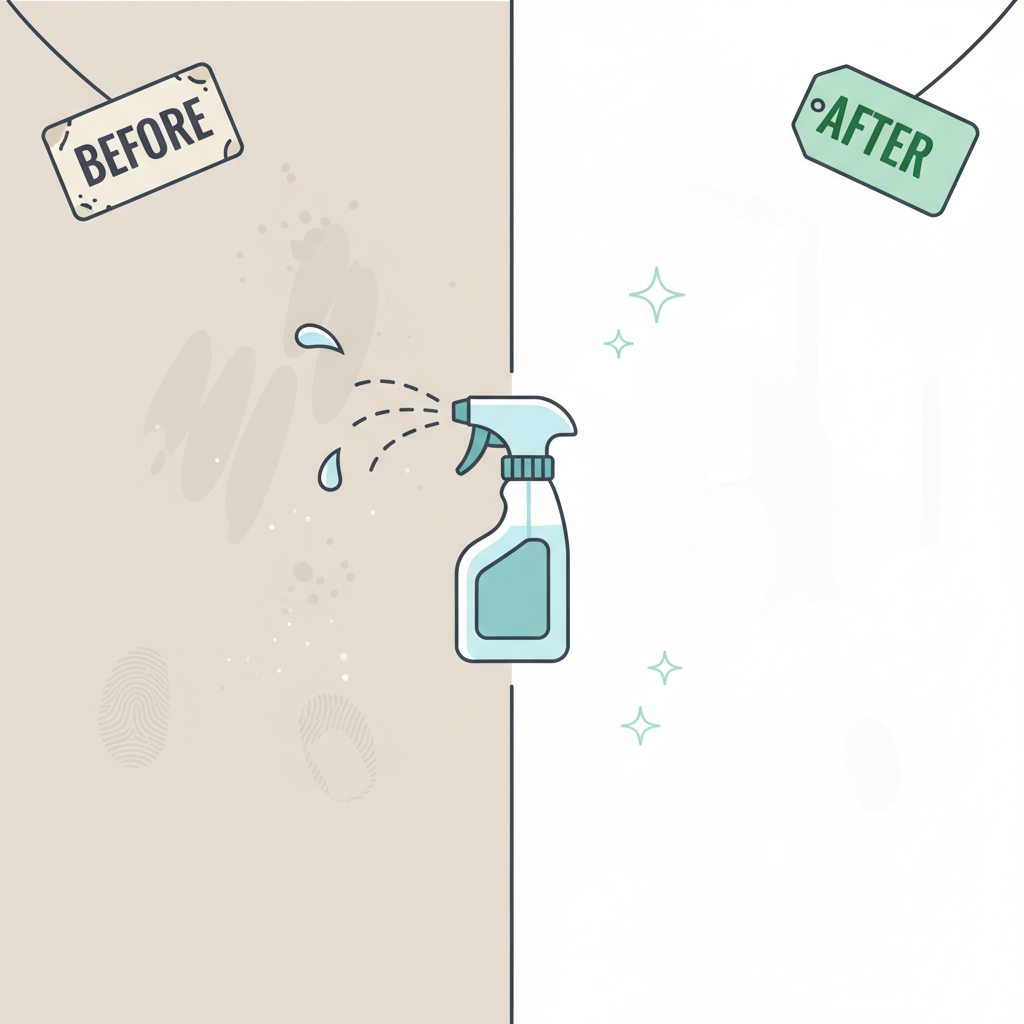 A detailed, clean flat illustration showing a split image of a wall. One half depicts a dull, slightly smudged wall with faint fingerprints and dust, while the other half shows the same wall sparkling clean, bright, and fresh. Subtle graphic elements like a 'before' and 'after' tag or a dividing line with a cleaning spray bottle icon could be incorporated. The color palette should be light and airy, emphasizing the positive transformation.