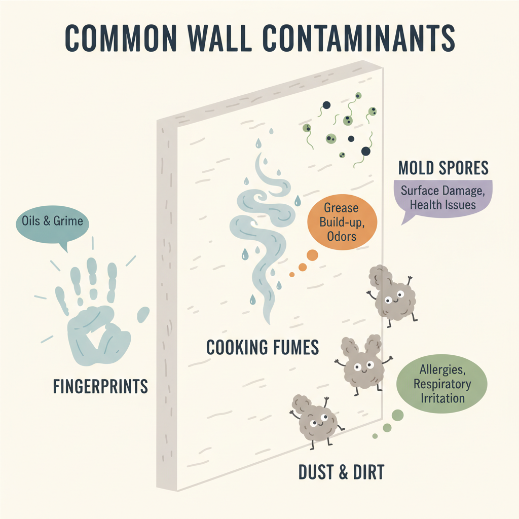 An infographic-style illustration depicting various common wall contaminants. This includes small, subtle icons or caricatures of fingerprints, cooking fumes (represented by wisps of steam), dust bunnies climbing the wall, and tiny mold spores. Below or next to these, a thought bubble or text bubble should hint at the negative impacts like 'allergies' or 'damaged surfaces.' The style should be clean and educational, using a muted color scheme with pops of contrasting color for the contaminants.