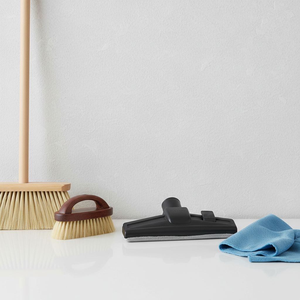 A close-up, professional studio photograph of various cleaning tools arranged neatly on a clean, light surface, perhaps with a subtle wall texture in the background. Tools should include a soft-bristled broom, a gentle dusting brush, a vacuum cleaner attachment specifically for walls, and a microfibre cloth. Each item should be clearly visible and look ready for use, emphasizing the practical methods of cleaning diverse wall surfaces like 'Raufasertapete'. The lighting should be bright and even, giving a sense of cleanliness and order.
