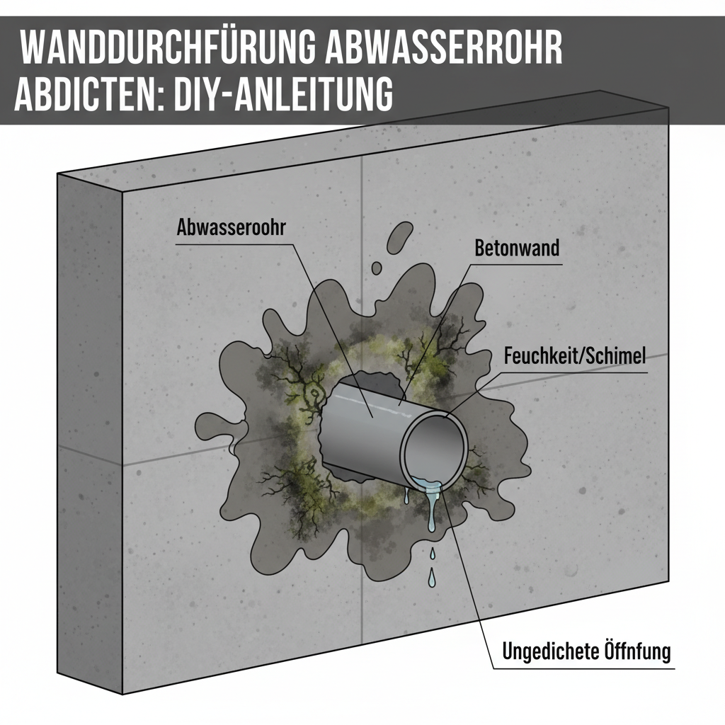 A detailed cross-section diagram of a residential wall (e.g., concrete or brick) with a grey wastewater pipe passing through an unsealed opening. Show visible water seeping from around the pipe into the wall structure, creating damp patches and initial signs of green/black mold spreading within the wall cavity near the pipe. Emphasize the lack of proper sealing material. The overall style should be a technical illustration, clear and informative, highlighting the immediate problem and its consequences.
