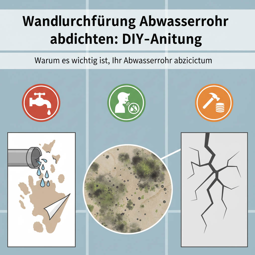 An infographic-style illustration depicting the multi-faceted negative consequences of an unsealed pipe. One section shows dripping water causing visible water stains and peeling paint on a wall. Another section illustrates a close-up of fuzzy green/black mold actively growing on a damp wall surface. A third subtle element could hint at structural damage or cost implications with a small icon. The overall design should be modern and clean, using clear icons and minimalistic imagery to represent health issues, cost, and structural degradation, effectively emphasizing the 'why it's important' aspect.