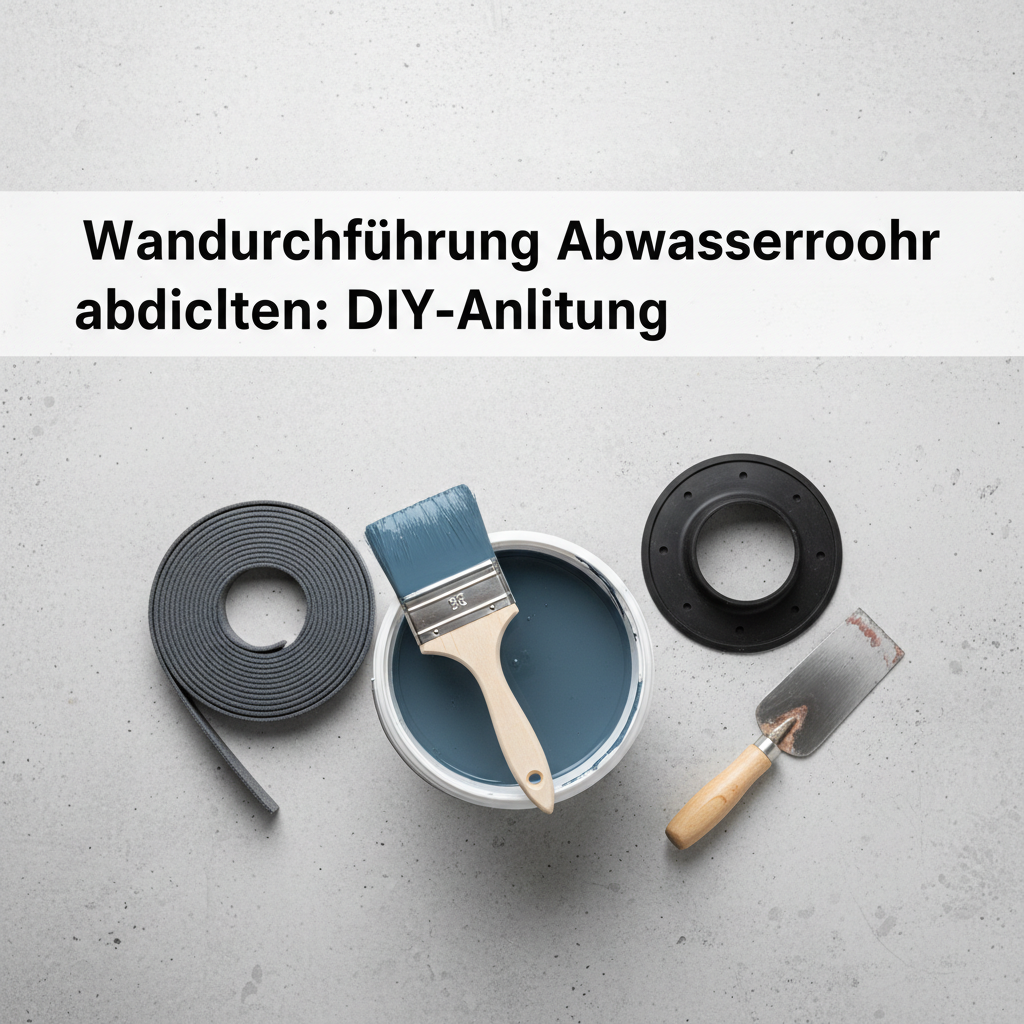 A professional flat lay photo or clean flat illustration showcasing different sealing materials for wall penetrations. Feature a neatly rolled-up, flexible sealing tape (Dichtungsband) or a circular sealing collar positioned alongside an open container (e.g., a bucket or can) of liquid sealant (Dichtungsanstrich), perhaps with an applicator brush or trowel nearby. The materials should appear new and ready for use, emphasizing their specific textures and forms. A light, neutral background would ensure the products stand out clearly, suitable for a DIY guide.