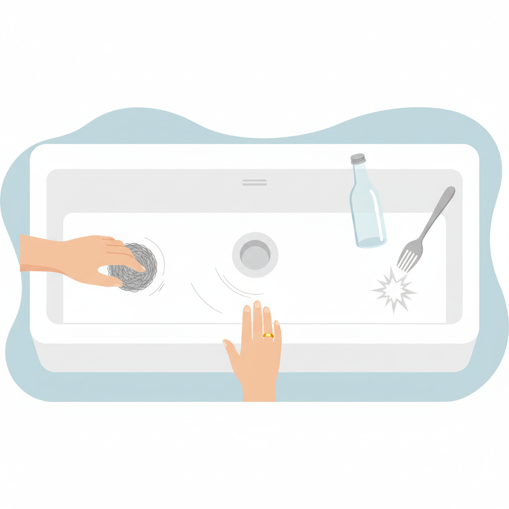 A flat illustration depicting common causes of scratches on a pristine white ceramic sink. The scene shows different elements interacting with the sink surface. On one side, a hand is shown scrubbing with a piece of steel wool, leaving a faint scratch mark. In another section, a hand wearing a prominent ring is gently resting on the rim of the sink, with a subtle scratch line emanating from the ring. In a third area, a falling glass bottle or metal container is captured mid-air, just about to make impact with the sink surface. The background is clean and minimalistic, focusing on the interactions. The overall style should be clean, informative, and professional, using a soft color palette.