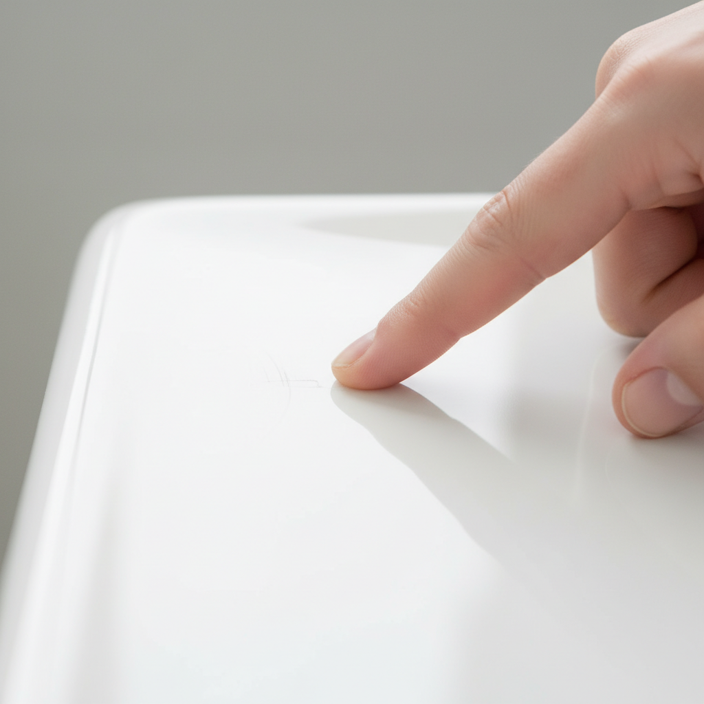 A close-up, professional photo showcasing a person's index finger gently moving across a clearly visible, fine scratch on a clean, glossy white ceramic sink surface. The focus is sharp on the scratch and the fingertip, highlighting the subtle indentation or discoloration of the scratch against the smooth, reflective ceramic. The lighting is bright and even, emphasizing the texture and material quality of the sink. The image conveys a sense of careful inspection and identification of surface damage, typical for a DIY guide, without any specific tools visible other than the finger.