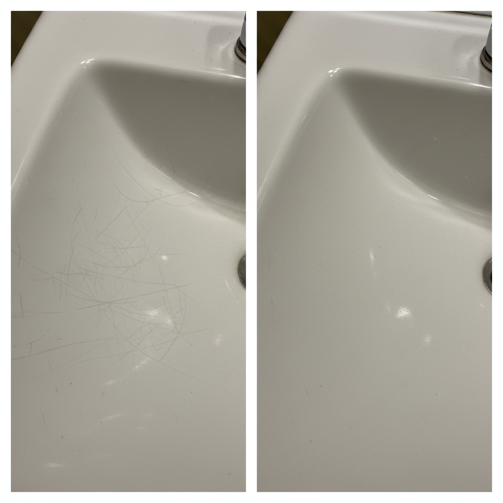 A split-panel professional photo showcasing a 'before and after' effect on a ceramic sink. On the left, a section of a white ceramic bathroom sink exhibits numerous visible, fine scratches and a dull finish. On the right, the exact same section of the sink appears pristine, shiny, and perfectly smooth, reflecting ambient light beautifully, demonstrating a flawless, restored surface.