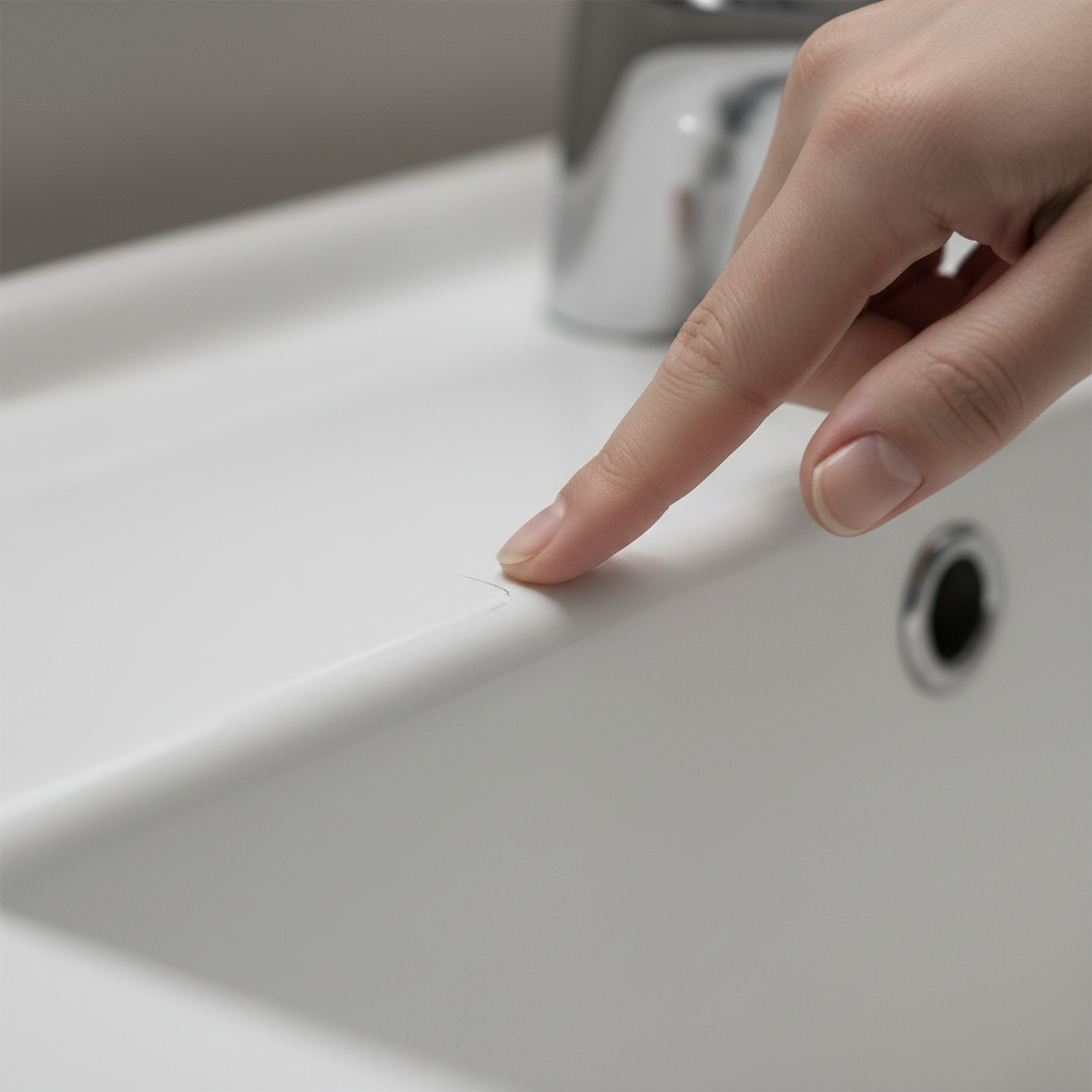 A close-up, detailed professional photograph focusing on a hand gently assessing a scratch on a white ceramic sink. A well-manicured fingernail is positioned directly over a distinct, visible scratch on the sink's surface, appearing to test its depth. The lighting highlights the texture of the scratch and the delicate action of the fingertip, emphasizing the evaluation process.