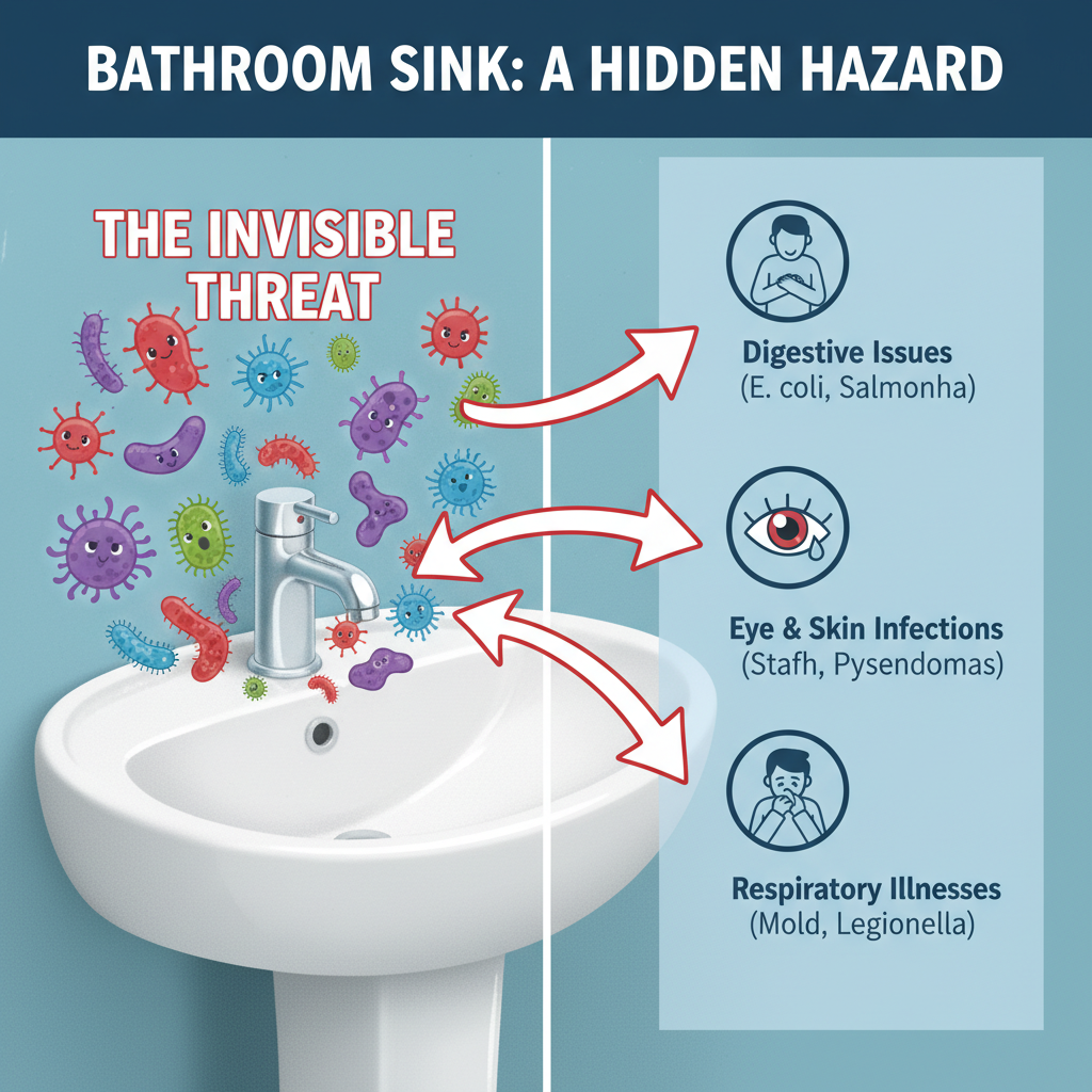 An infographic-style illustration depicting the invisible dangers in a bathroom sink. On one side, a clean-looking sink, but with exaggerated, colorful bacterium and virus shapes (like cartoon microbes) schematically floating around the faucet and drain area, representing 'The Invisible Threat'. Arrows point to potential health risks. The overall style is clean yet informative with a slightly alarming undertone.