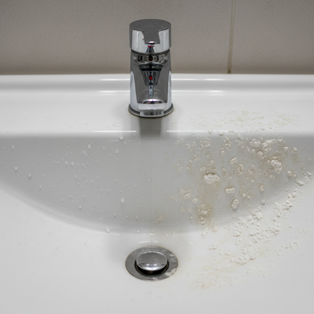A detailed close-up professional photo showcasing the contrast between a clean, polished section of a bathroom sink and a section with visible, dried water spots and light-colored kalkflecken (limescale). The image should highlight the aesthetic difference and the importance of regular cleaning, with a shallow depth of field to emphasize the textures.