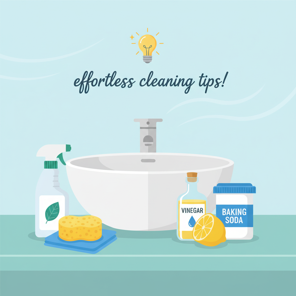 A vibrant, flat illustration showing various common cleaning tools and natural ingredients arranged neatly around a stylized, clean bathroom sink. Items include a spray bottle, a sponge, a microfibre cloth, a lemon, a small bottle of vinegar, and a container of baking soda. The style is modern, friendly, and visually communicates the idea of 'effortless cleaning tips'.