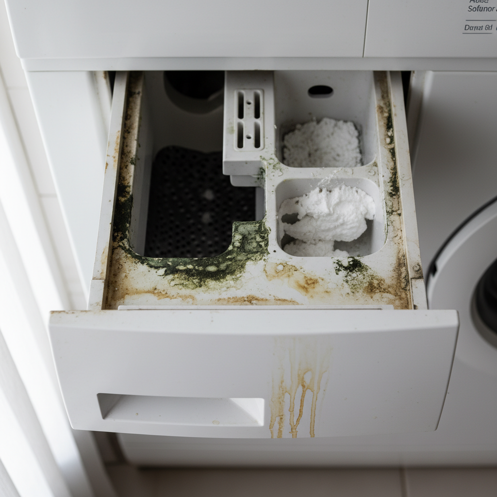 A professional photo of a close-up, top-down view of a washing machine's detergent dispenser drawer, showing visible grime, mold spots, and dried detergent residue. The image should convey a sense of neglect and dirt, highlighting the problem described in the article. Soft, natural lighting.