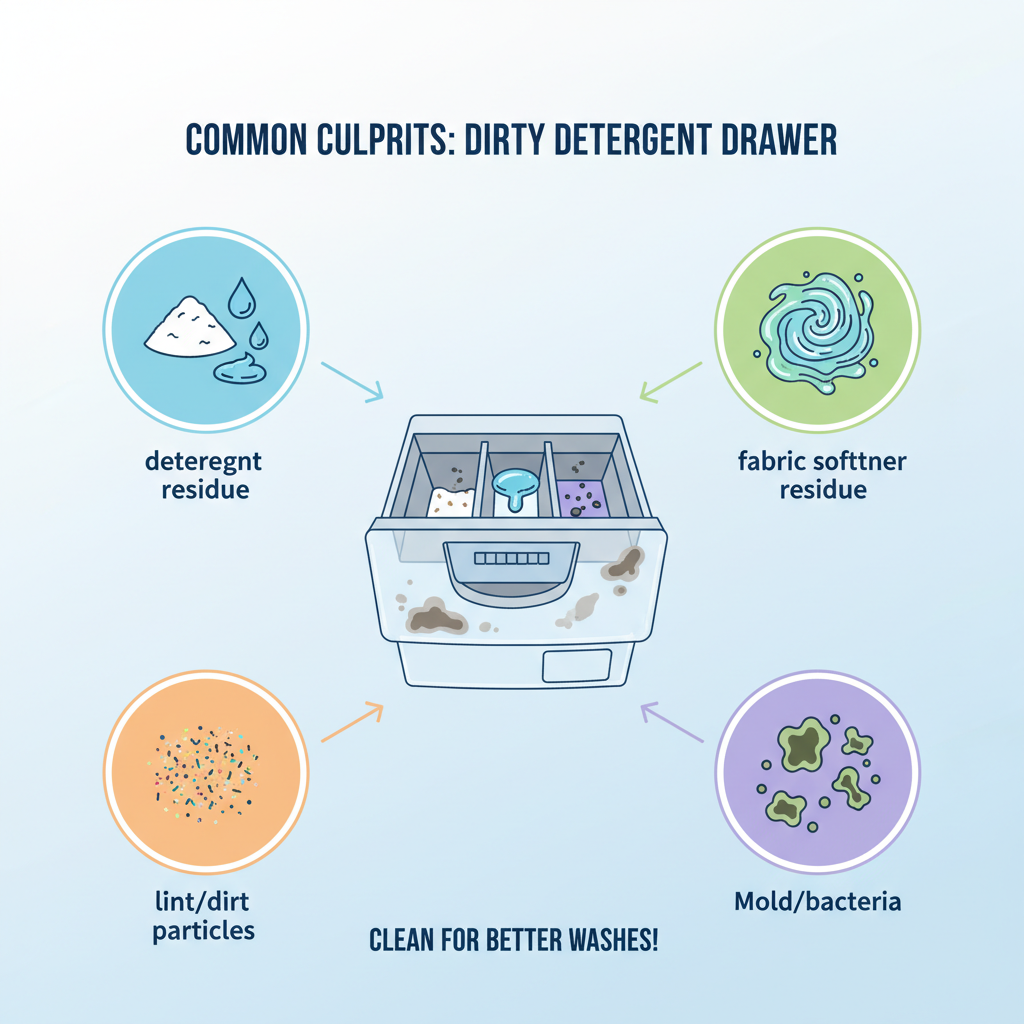 A detailed infographic-style illustration depicting the common culprits behind a dirty detergent drawer. Show distinct icons for 'detergent residue' (clumped powder/sticky liquid), 'fabric softener residue' (gooey substance), 'lint/dirt particles' (small fibers), and 'mold/bacteria' (greenish/black spots). Each icon should have an arrow pointing towards a stylized, dirty washing machine drawer. Use bright, clean colors for the icons against a subtle background.