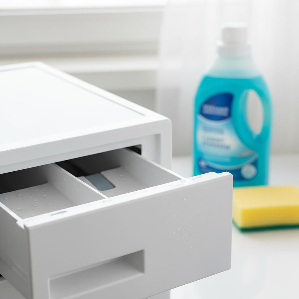 A clean, professional photo showcasing a sparkling clean washing machine detergent drawer, freshly wiped and gleaming. Water droplets might still be visible, suggesting recent cleaning. In the background, a new bottle of detergent and a clean sponge are subtly blurred, implying the solution. The lighting should be bright and inviting.