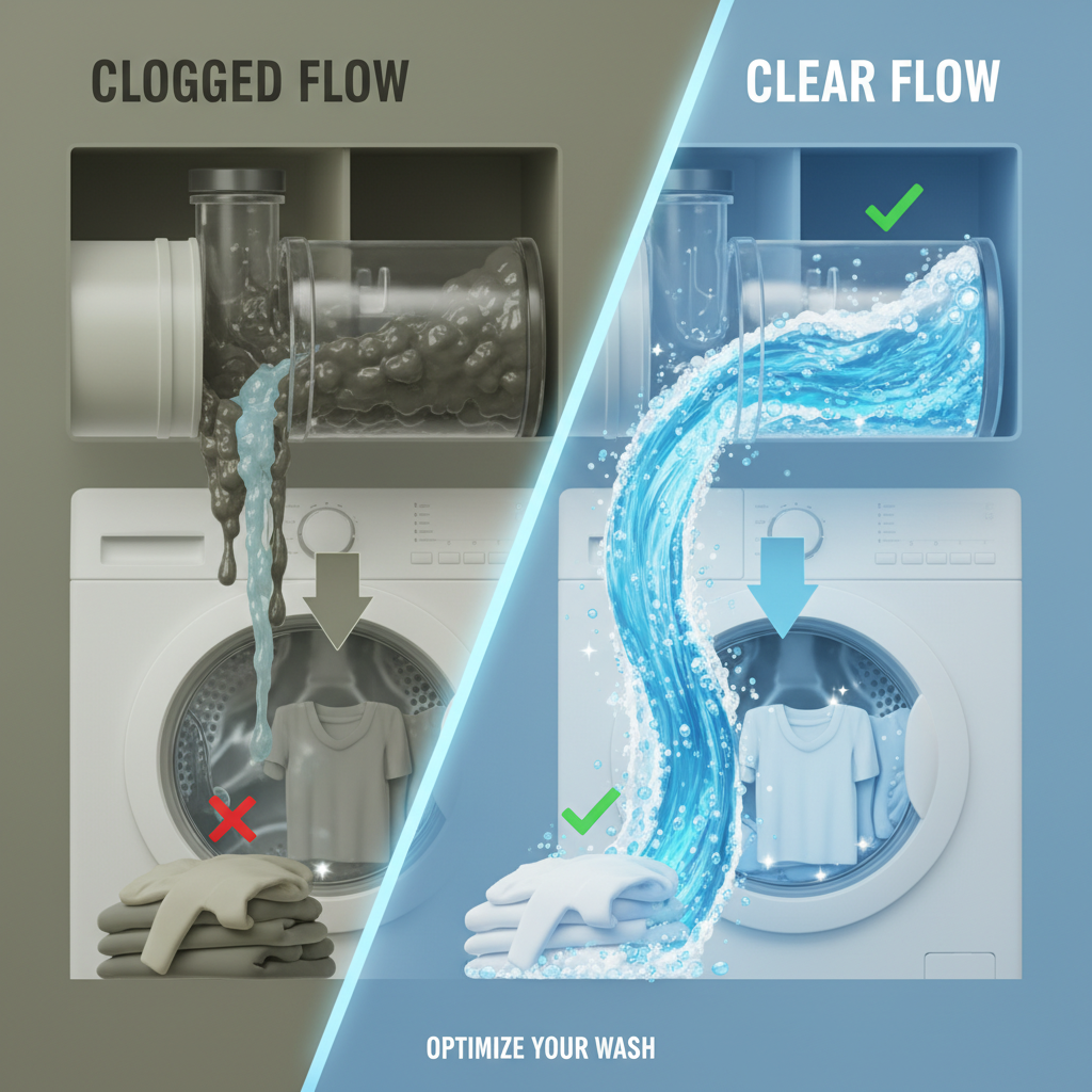 A conceptual 3D illustration or flat design graphic demonstrating the flow of water and detergent through a washing machine drawer. One side shows the clogged flow with residue obstructing the path, leading to reduced washing performance. The other side shows a clear, unobstructed flow with detergent dispersing effectively. Use transparent pipes for flow visualization and contrasting colors for the 'dirty' and 'clean' states.