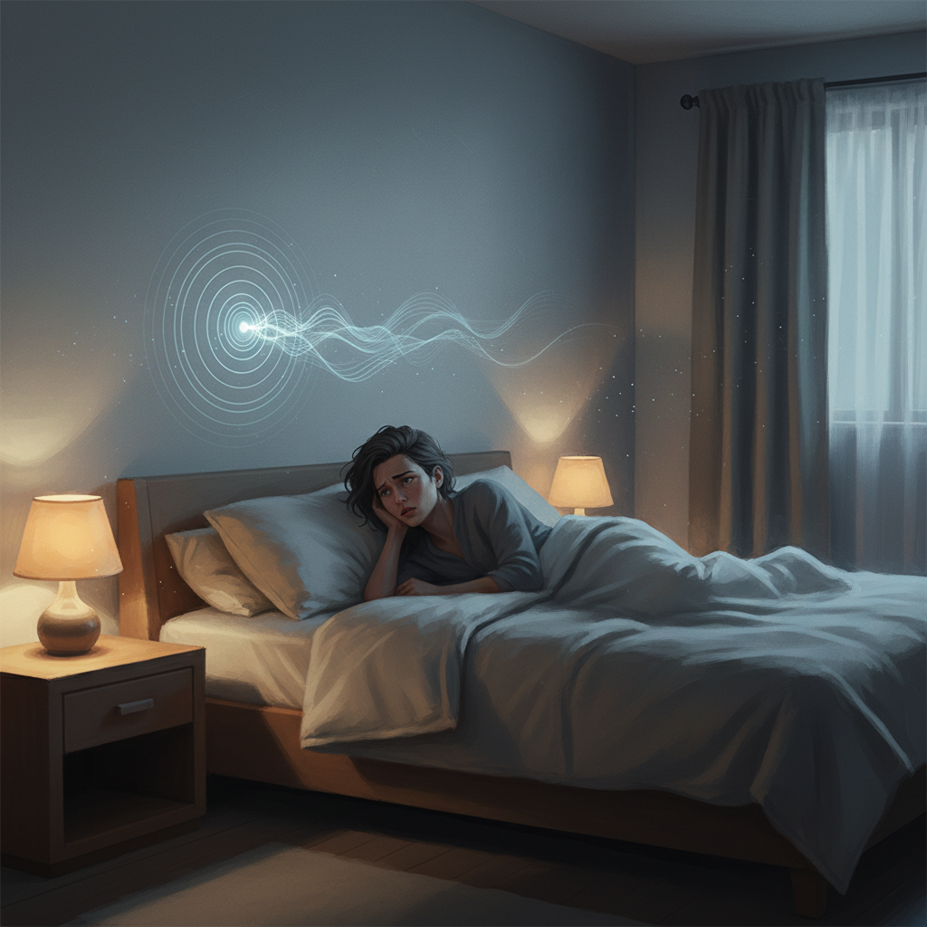A peaceful, dimly lit bedroom scene at night. A person is lying awake in bed, looking slightly concerned towards a wall. Subtle, wavy lines or a faint ripple effect emanate from within the wall, visually representing the unseen water sounds disturbing their sleep. The overall mood is calm but with a hint of unease. Style: realistic digital painting with a soft, atmospheric glow, conveying a quiet nocturnal setting.