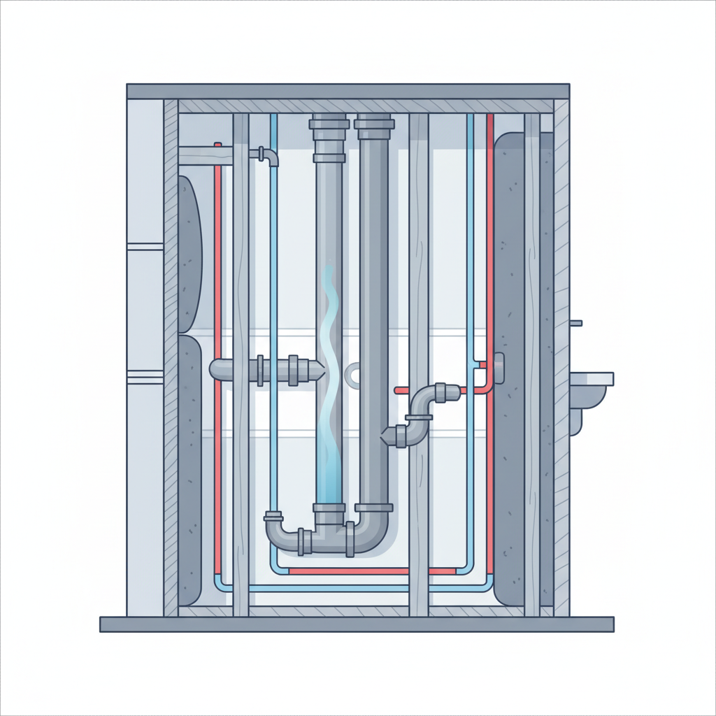 A cutaway diagram of a modern house wall section, revealing a network of pipes (water supply, drainage) running vertically and horizontally. A translucent, light blue current flows visibly through one of the pipes, indicating active water movement. The surrounding wall structure should be clear but secondary to the plumbing. Style: clean, professional infographic illustration with a clear, precise rendering of internal structures, using cool blue and grey tones.