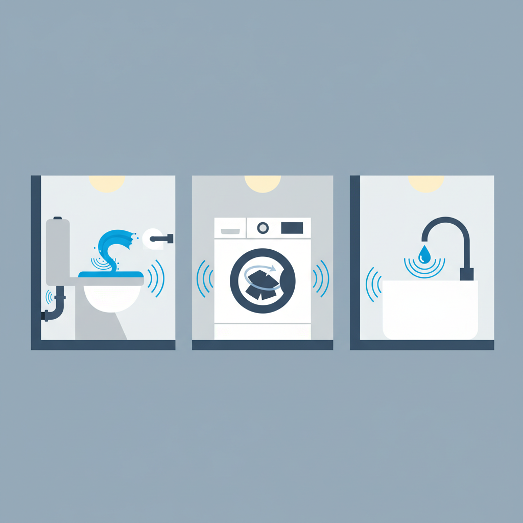 A stylized, split-panel illustration depicting various nighttime water usage scenarios. One panel shows a toilet flushing, another shows a washing machine in mid-cycle, and a third subtly suggests a running faucet (perhaps just a small trickle or drip). These elements are shown within a simplified home interior context, with an abstract visual representation of sound waves emanating from pipes embedded in the adjacent walls. Style: clean, flat vector illustration with a modern aesthetic and limited color palette.