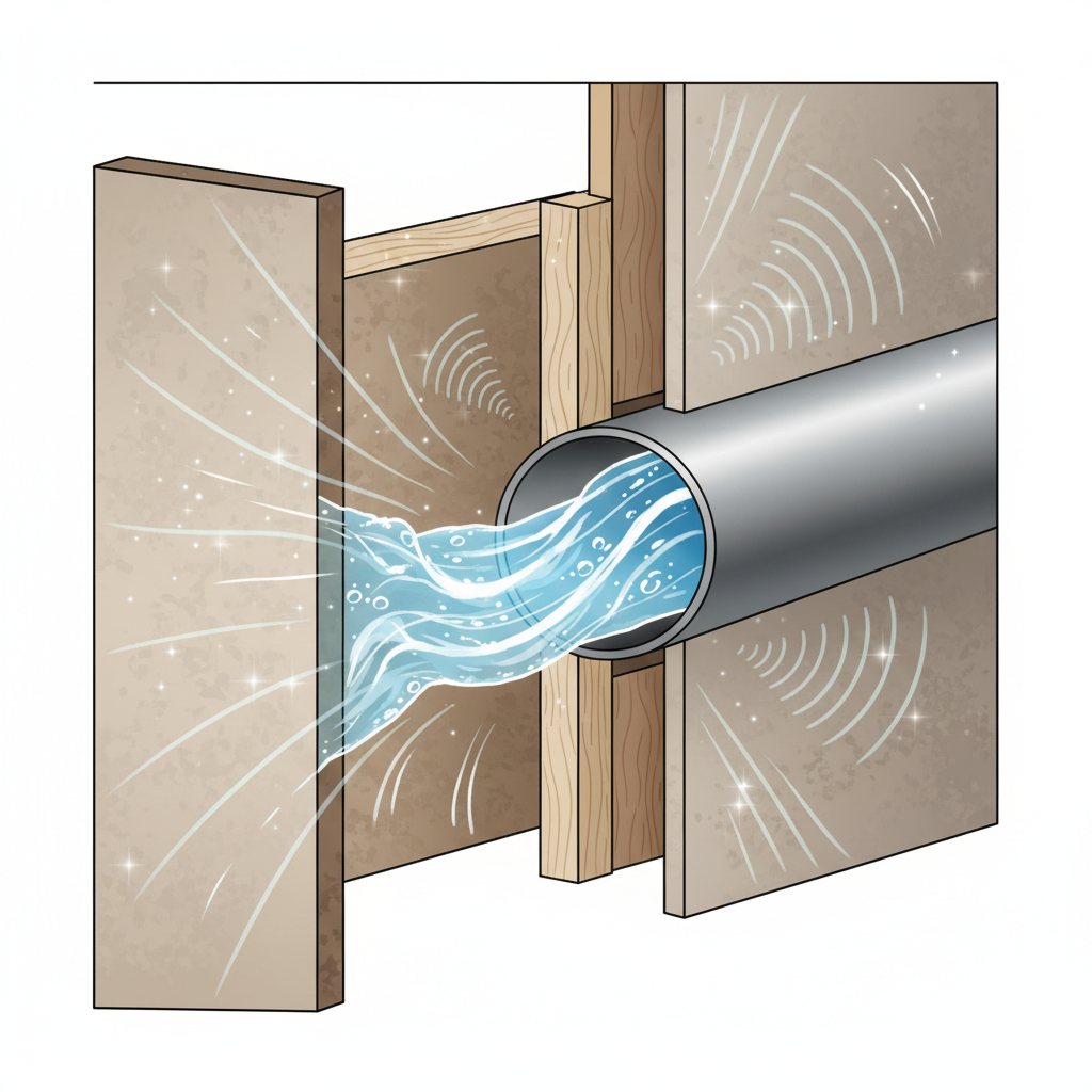An illustrative cross-section of a metal water pipe within a wall cavity. Inside the pipe, water is depicted flowing rapidly with increased pressure, perhaps indicated by dynamic flow lines and a slightly agitated surface. Around the pipe, subtle visual cues like faint vibrations or stress lines are shown emanating, suggesting the impact of high pressure on the pipe and surrounding structure. Style: conceptual diagram with a focus on fluid dynamics and material stress, using a blend of line art and soft gradients.