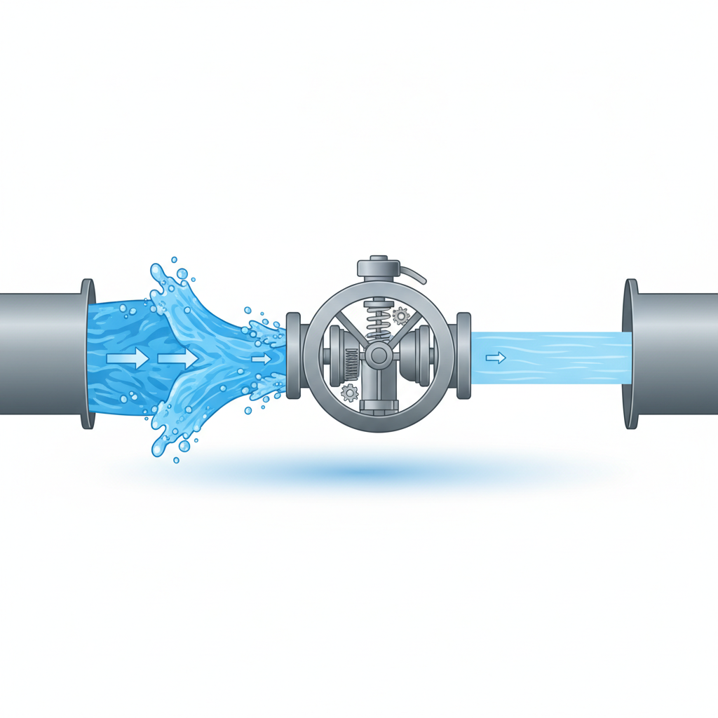 An infographic-style illustration depicting a water pipe segment. On the left, a thicker, more turbulent flow of blue water with strong, dynamic pressure lines enters a cylindrical device, visually representing high pressure. This device, centrally positioned, is a generic pressure reducer, clearly distinguishable as a valve or regulator with internal mechanisms hinted at. On the right, a calmer, thinner stream of blue water with gentle, even flow lines exits the device, indicating reduced, optimal pressure. The visual contrast between the 'before' and 'after' state should be clear and concise.