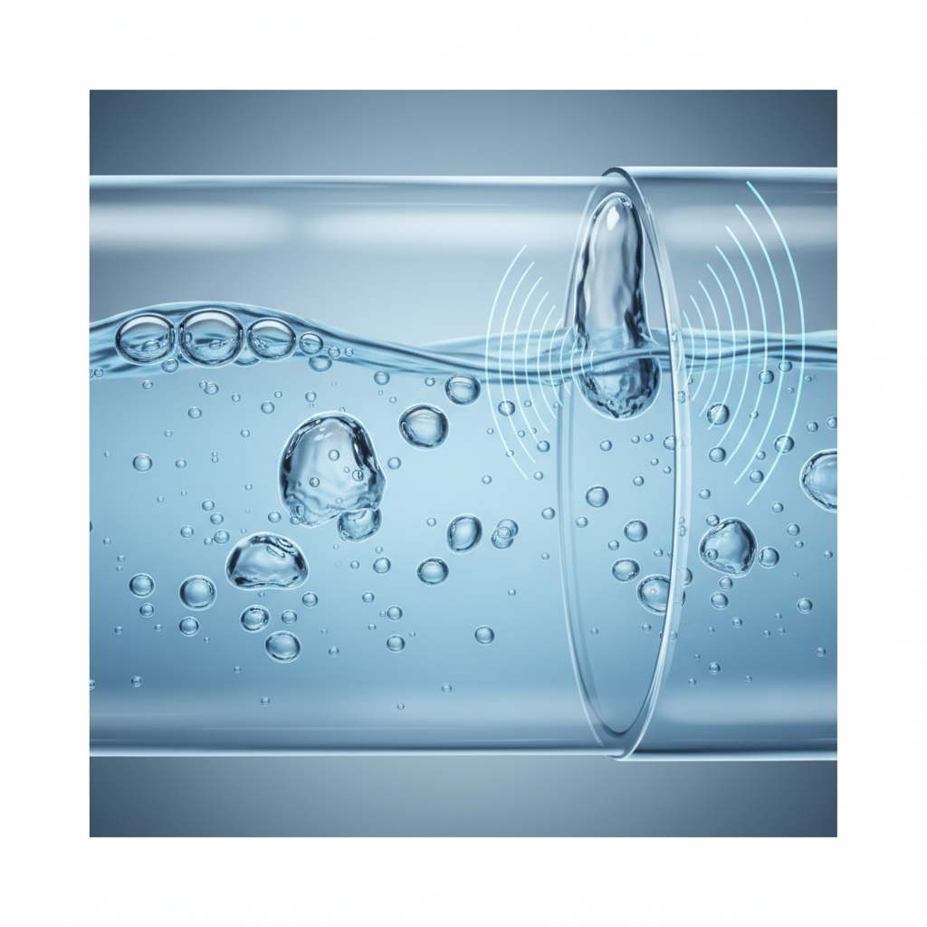 A close-up, digital illustration of a transparent or cutaway section of a typical household water pipe. Clear blue water flows through the pipe from left to right. Several distinct, irregular air bubbles of varying sizes are depicted moving within the water stream, some partially clinging to the pipe's upper inner surface. The bubbles subtly distort the water flow around them, and very subtle, light vibration lines or ripples could emanate from their interaction with the pipe's inner surface, suggesting the source of a humming or gurgling sound. Clean, focused style.